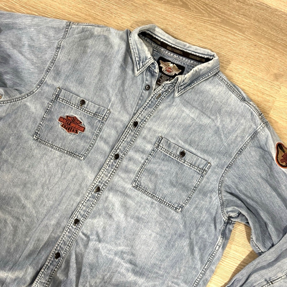 Vintage Y2K Harley Davidson Embroidered Patched Motorcycle Denim Shirt Size 2XL